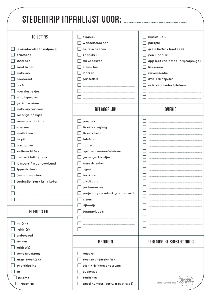 team confetti stedentrip inpaklijst free printable