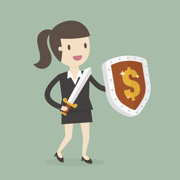 Businessman Carrying a Money Shield And Sword. Business Concept Cartoon Illustration.