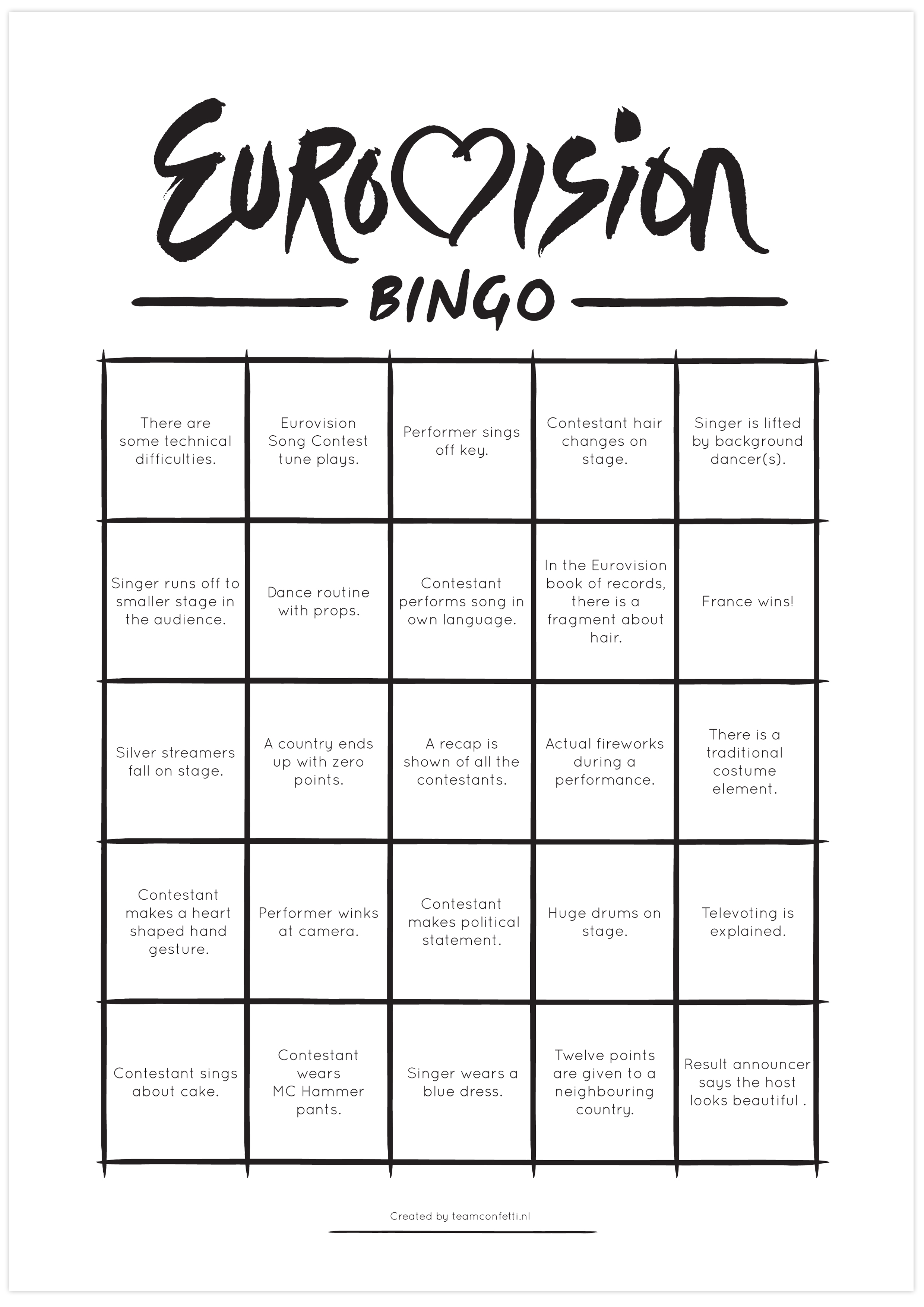 Wonderlijk Free printable: Eurovision Final 2014 Bingo! | Team Confetti FT-32