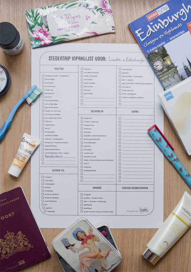 Free printable: Inpaklijst vliegvakantie / stedentrip